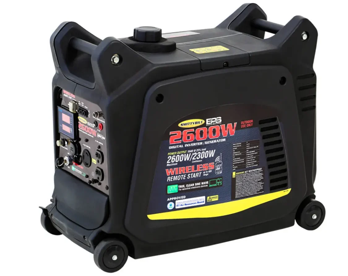 Smittybilt'sgas poweredE.P.S.InterverGeneratorusesathree phaseinversionprocessthatproducescleanpowertoallowdirectplug inofsensitiveelectronics