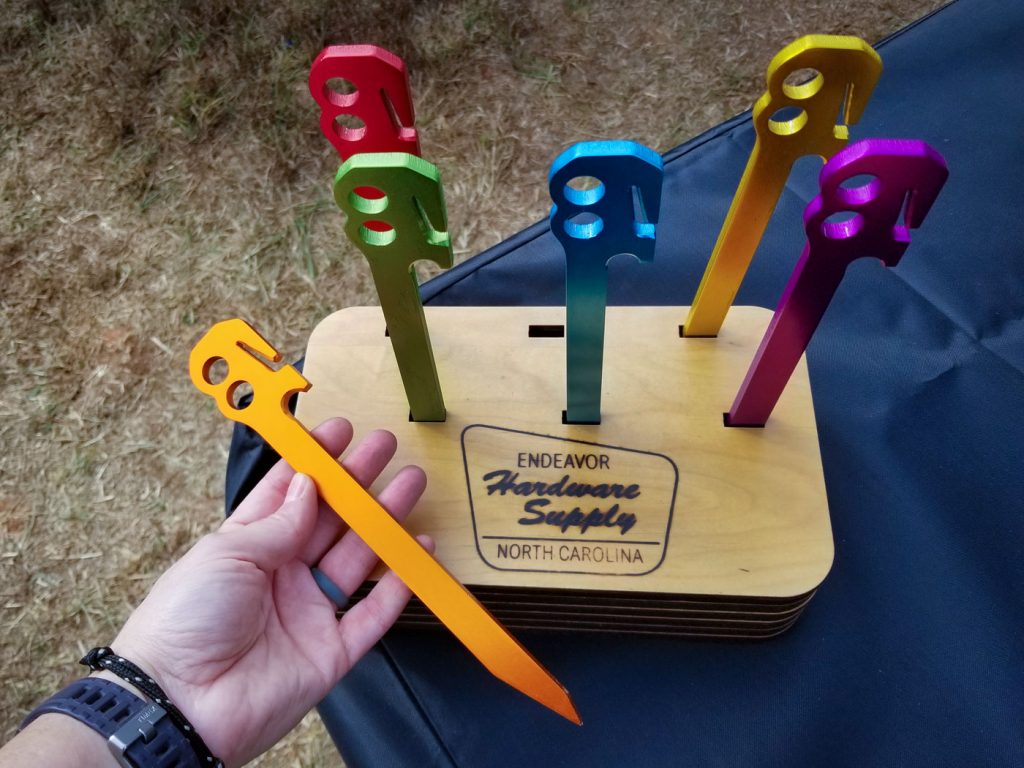 2019 Overland Expo East: multi-colored anodized aluminum Endeavor tent stake