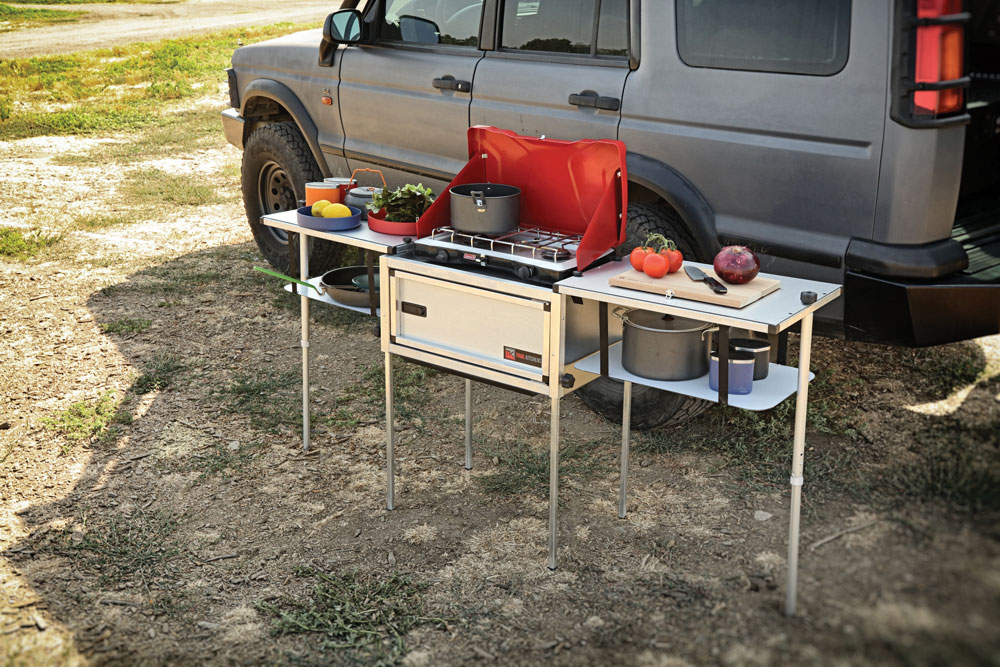 A camp kitchen setup for cooking hiking meals.