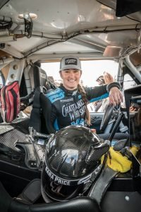 Sarah Price sits inside her race vehicle at 2020 MInt 400.