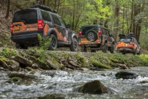 Land Rover Discoveries driving