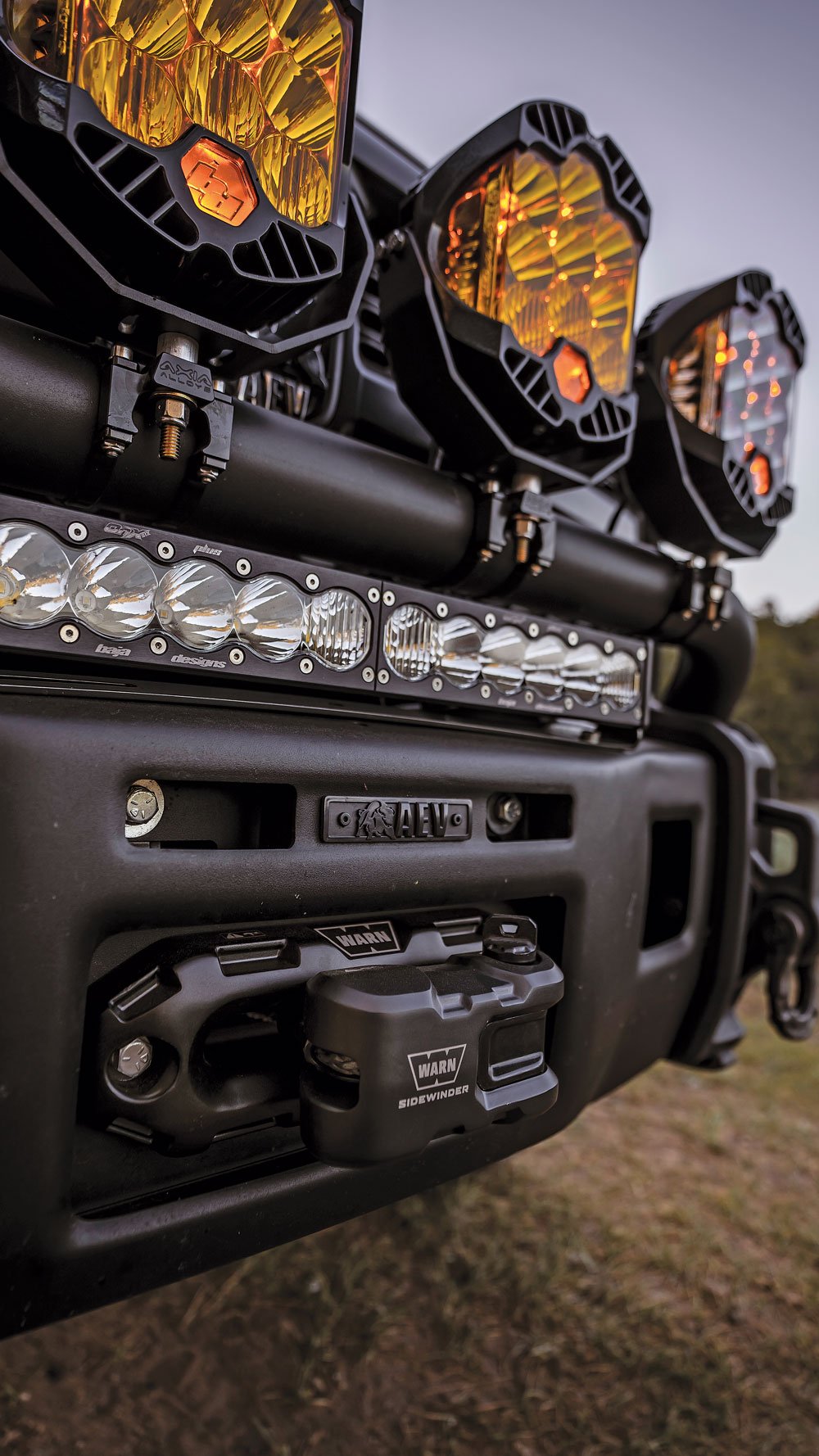 Baja LP9 lights and ONX6+ lightba, steel bumper with the Warn winch, sidewinder, and EPIC fairlead