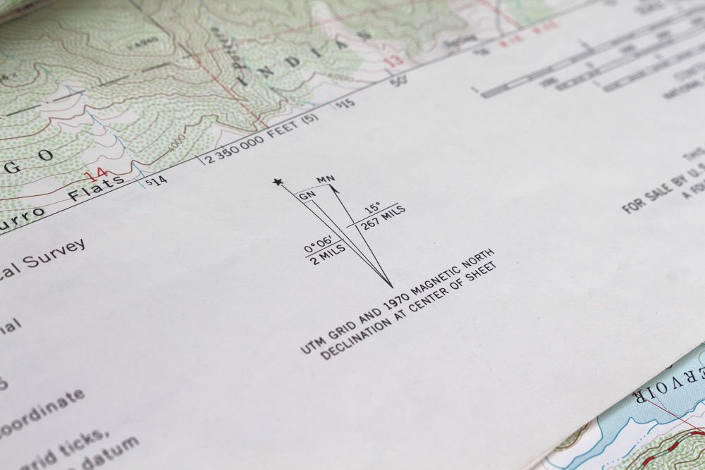 Topographical map with a declination chart