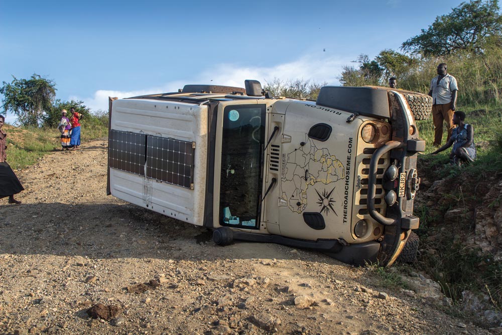 Dan Grec's Jeep on its side after the e-brake fails