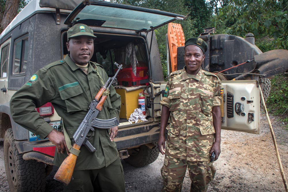 Friendly park rangers with AK-47s in Uganda