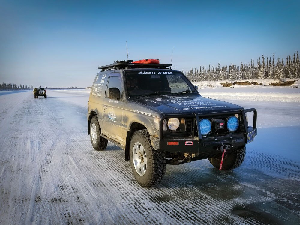 Driving on an ice road on the 2020 Alcan 5000 Rally