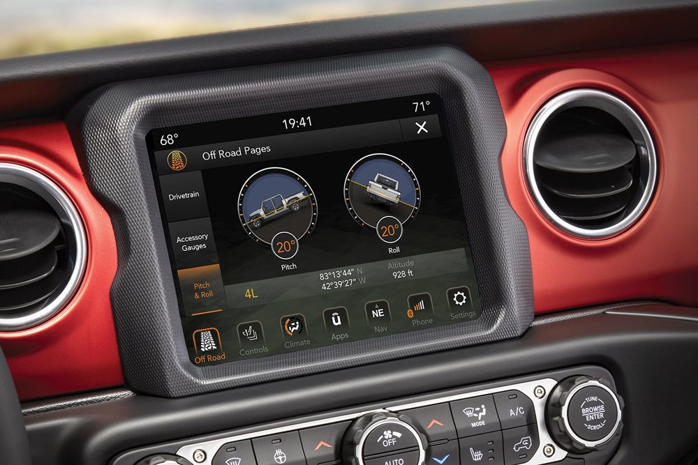 Uconnect touch-screen to view engine vitals and front and rear cameras