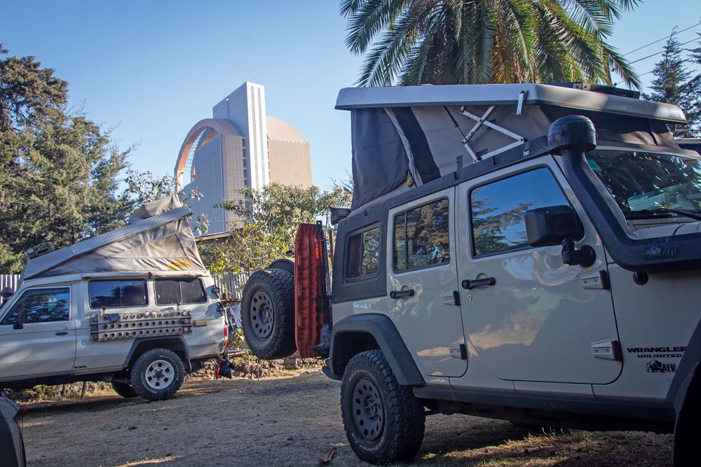 The camp spot in Addis Ababa was a parking lot of a hotel