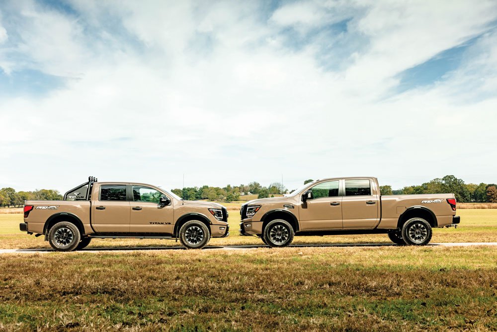 The Nissan Titan Pro-X next to the Titan XD