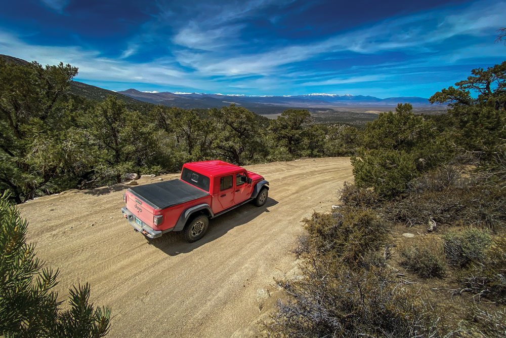 The Jeep Gladiator Mojave driving over Sunrise Pass in the Pine Nut Mountains