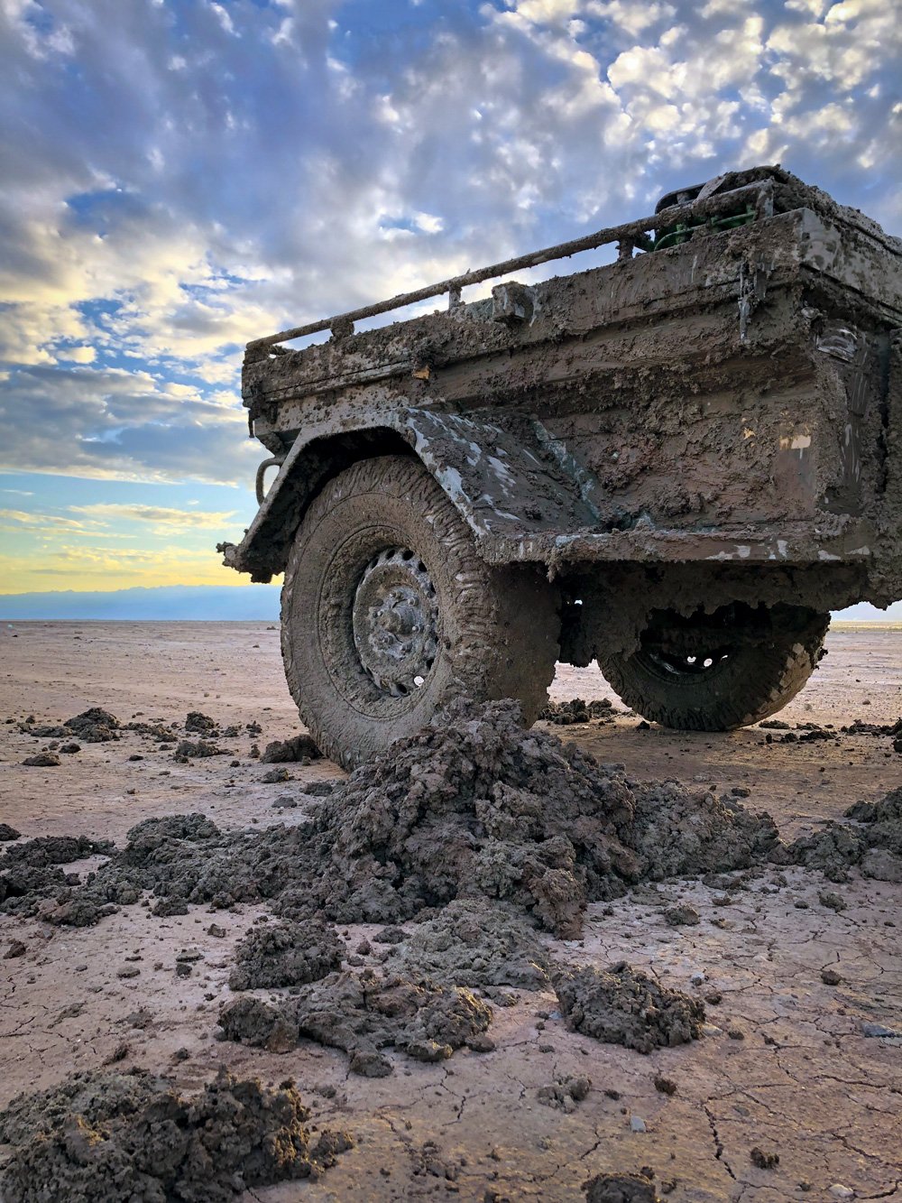 The trailer after a muddy drive on their adventures outdoors