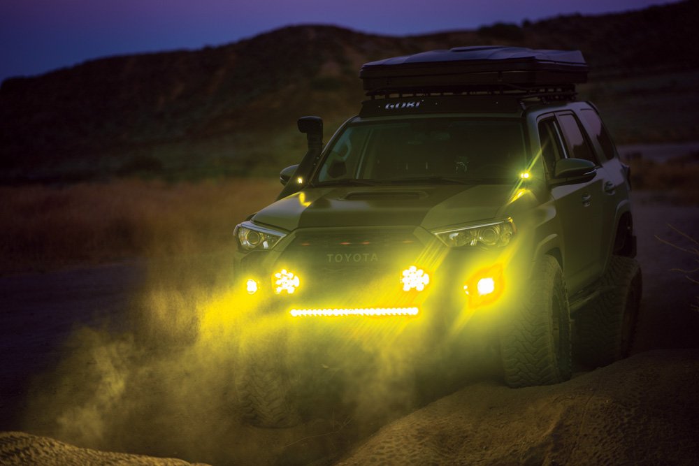 This Toyota is equipped with high-powered Baja Designs lights