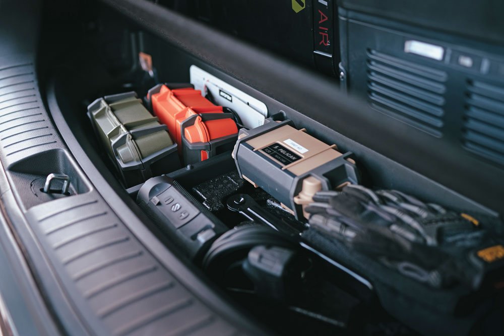 Pelican cases keep items organized in the Santa Fe's trunk space