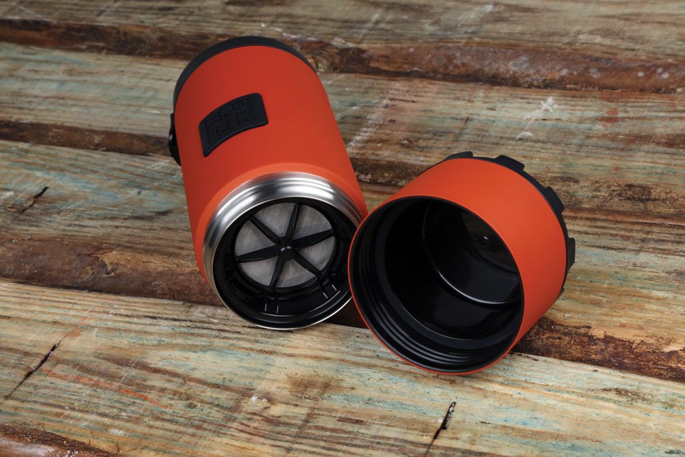 The bottom of the Ovrlndr travel French press captures coffee grounds and easily unscrews.