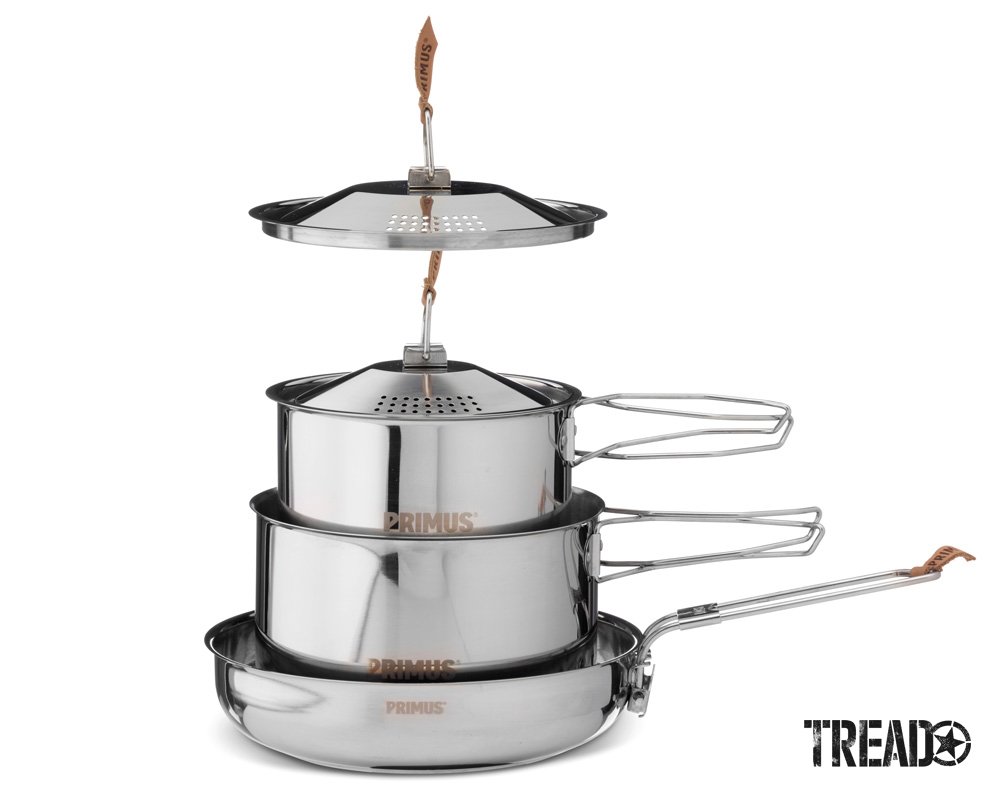 The Primus Campfire Cookset is made with durable 18/8 stainless steel has collapsible handles and straining lids.