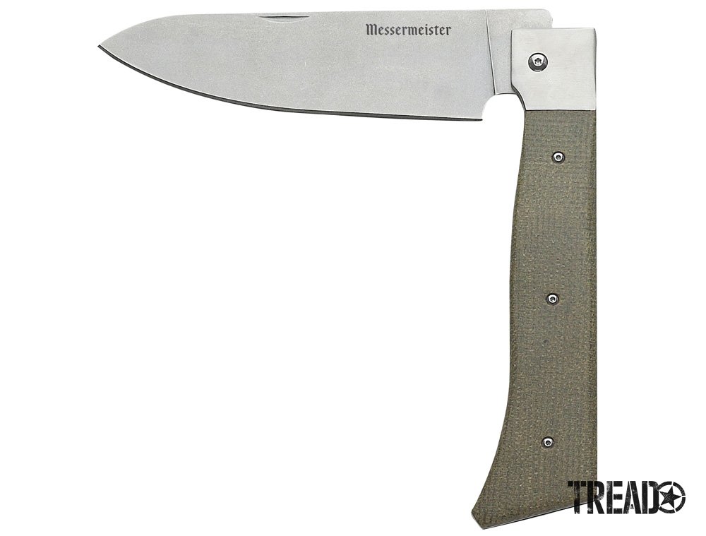 The Messermeister Adventure Chef 6-inch Folding Chef Knife features a sage green handle and a German steel blade and folds in half.