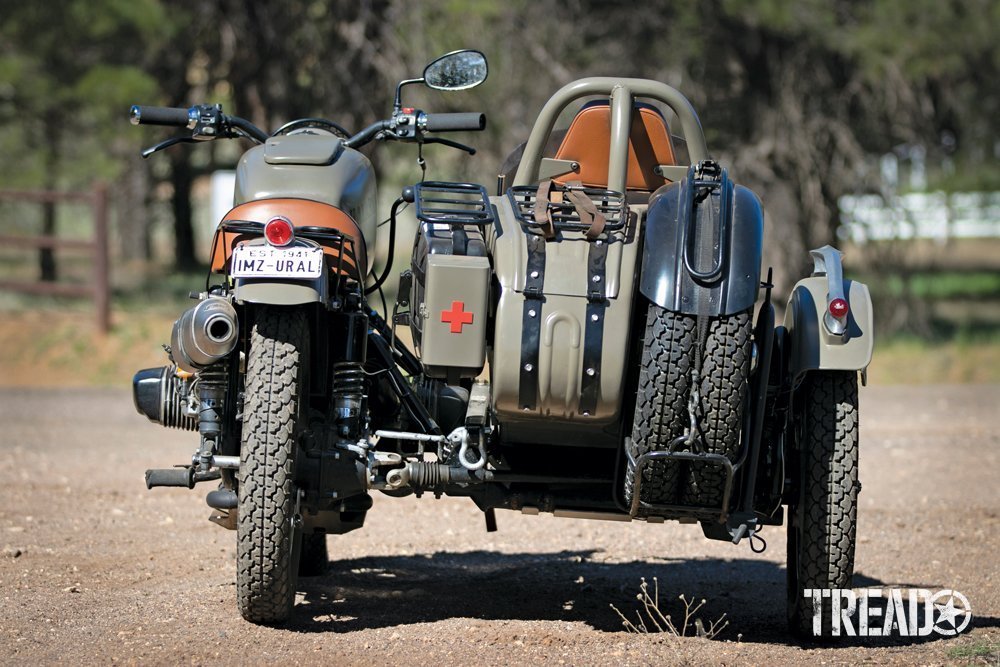 Rear view of a custom Ural motorcycle called U1 built by Kalaber Creations.