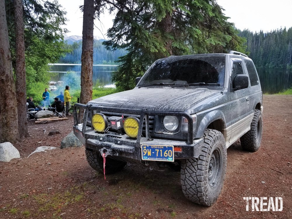 Dirty Mitsubishi Pajero 4x4 sitting next to our campsite