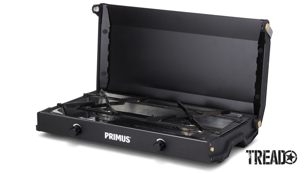 The black Primus Kinjia 2-Burner Gas Stove is compact, has a hinged lid, and is ready to cook.