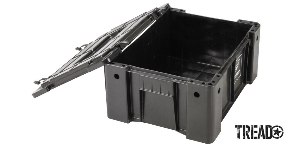 The black Wolf Pack box by Front Runner Outfitters has a separate lid and is compact and stackable.