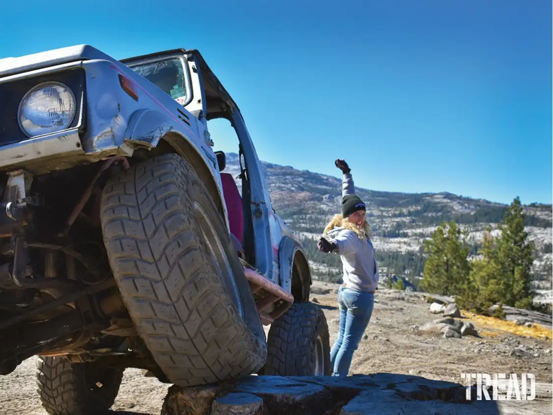 A big morning stretch at the overlook point on Rubicon Trail
