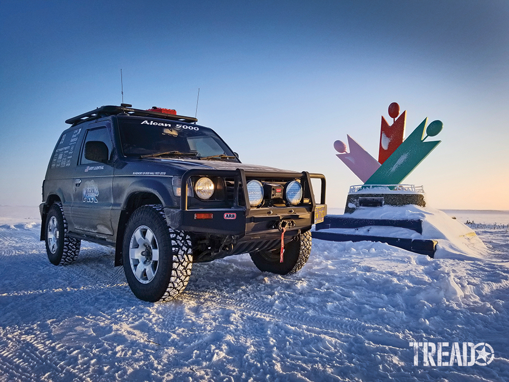 The author's customized dark gray Mitsubishi Pajero successfully navigates its way to the Arctic Ocean during the 2020 Alcan 5000 Rally.