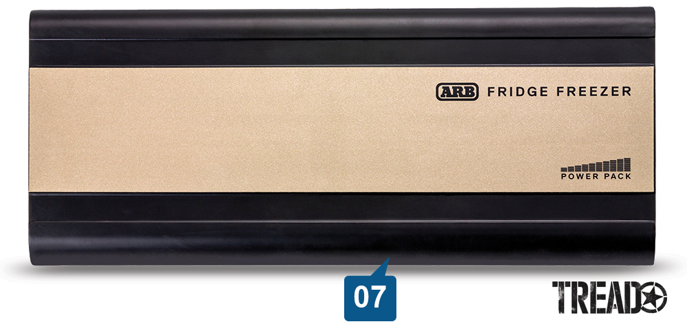 The bronze and dark brown slim ARB Fridge Freezer Power Pack can keep an ARB fridge cold for up to 18 hours.