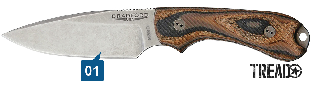 This Bradford USA 3D Guardian 3 utility knife features a multi-colored black, orange and tan handle and sharp blade.