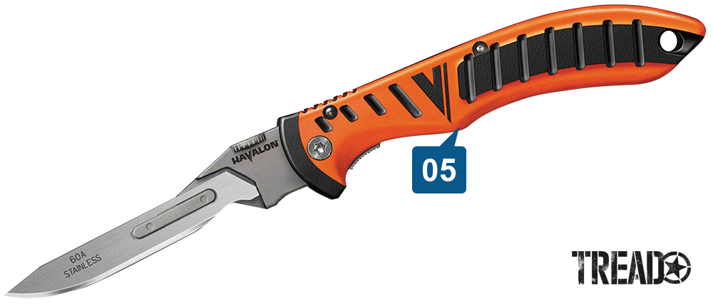 This futuristic Havalon Forge utility knife has a slim blade and orange and black handle. It is ready for action.