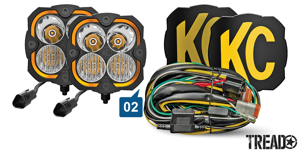 The KC FLEX ERA 4 comes with two 80W KC FLEX ERA 4 LED lights, two light covers, a wiring harness, and a three-position switch.