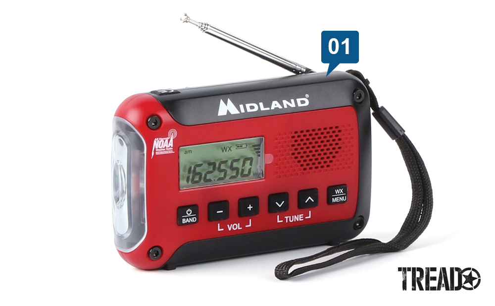 The Midland ER10VP radio has a read and black casing, along with a chrome antenna and black strap. 
