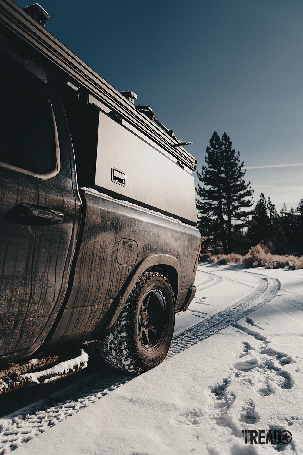 The 18-inch Raceline Scouts wrapped in 35x12.5 Cooper Discoverer S/T MAXX rubber keep Kingston stable on any terrain, especially in snow when he's venturing through pine trees. 