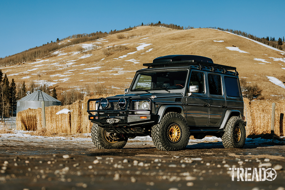 A customized silver 2004 Mercedes AMG G55 G-Wagen with gold wheels sits in front of a golden hill. 