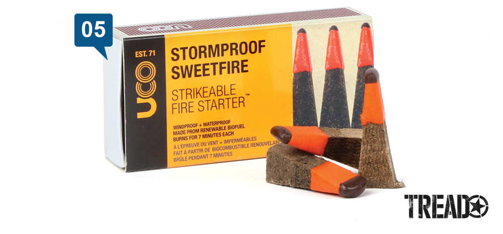 UCO/Stormproof Sweetfire Strikeable fire starter stormproof matches are shaped like large candy corn and have tinder in its "point."