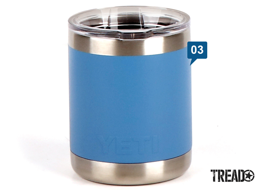 YETI's Rambler 10 Oz. Lowball features a sky blue and 18/8 stainless finish. It is double-wall vacuum insulation and comes with a clear lid so you can tell when it’s time for a refill.