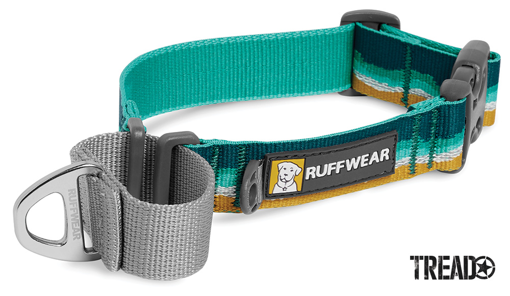 We like the Web Reaction Collar from RuffWear. It’s a martingale collar with a buckle for easy on and off. It has mint green, yellow, and gray material that includes reflective Tubelok webbing.