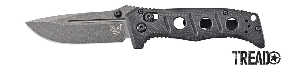Benchmade/273GY-1 Mini Adamas has a thick blade and a G10 that features multiple circular holes and ergonomic design.