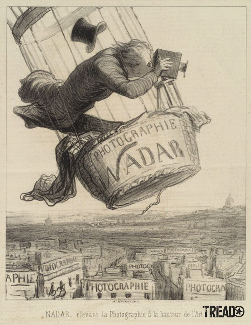 This faded pencil sketch shows Gaspard-Félix Tournachon, said to have taken the world’s first aerial photograph from a balloon over Paris in 1858.