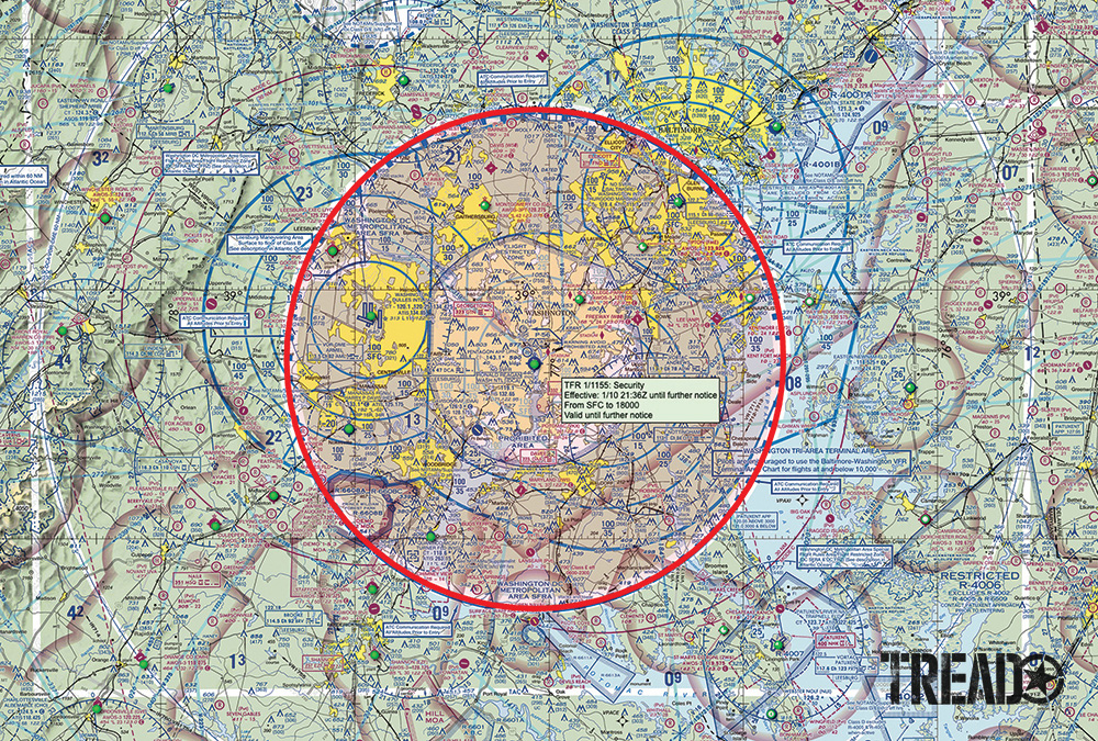 Sky Vector provides free colorful FAA sectional chart maps of the entire United States, with links to airport information and TFRs. The red circle around Washington, D.C., indicates an active TFR; if it’s clicked, it will find specific details.