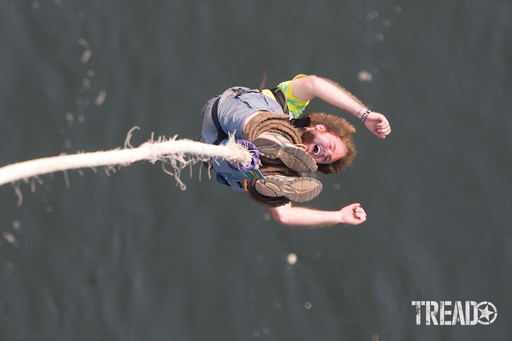 Drones aren’t always the ticket for aerial imagery. While the author awaited his turn on a 300-foot “rubber band,” he captured a series of shots of other thrill-seekers. A man with gray shors and colorful t-shirt was rebounding from the river below.