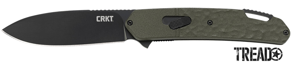 CRKT/Bona Fide pocketknife features a dark gray simple blade with an army green textured handle.