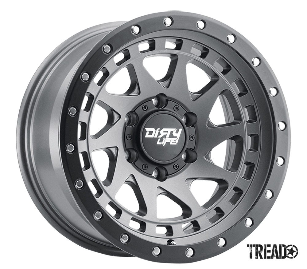 The light and tough Enigma Pro from Dirty Life Race Wheels offers a swept spoke design that features a simulated beadlock for a rugged look, silver and black detailing with black center with Dirty Life centercap.