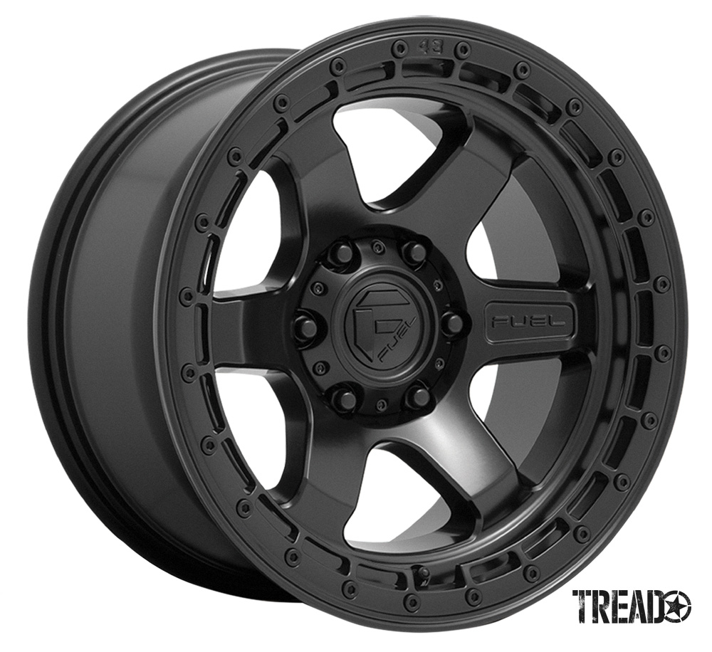   Fuel Off-Road/The Block features a concave, six-spoke design, as well as the Fuel Off-Road logo embossed on the spoke of the wheel. The Block is available in matte black, matte anthracite and matte bronze. Pictured is black six-spoke with exterior nub detailing.