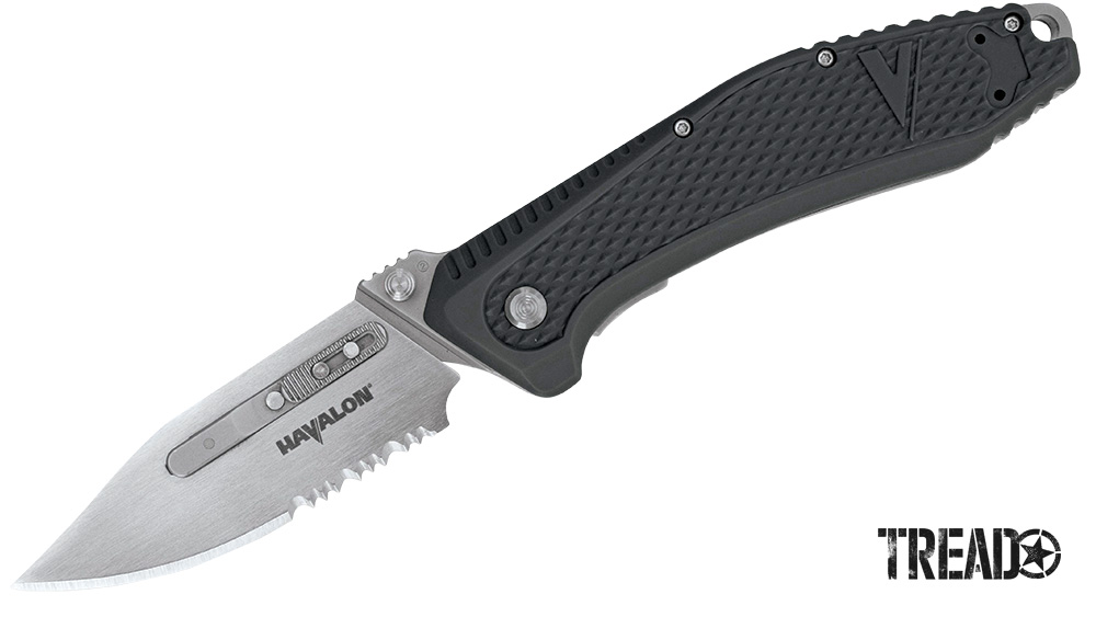 Havalon Knives/Redi has a partially serrated blade and a polymer black textured handle.