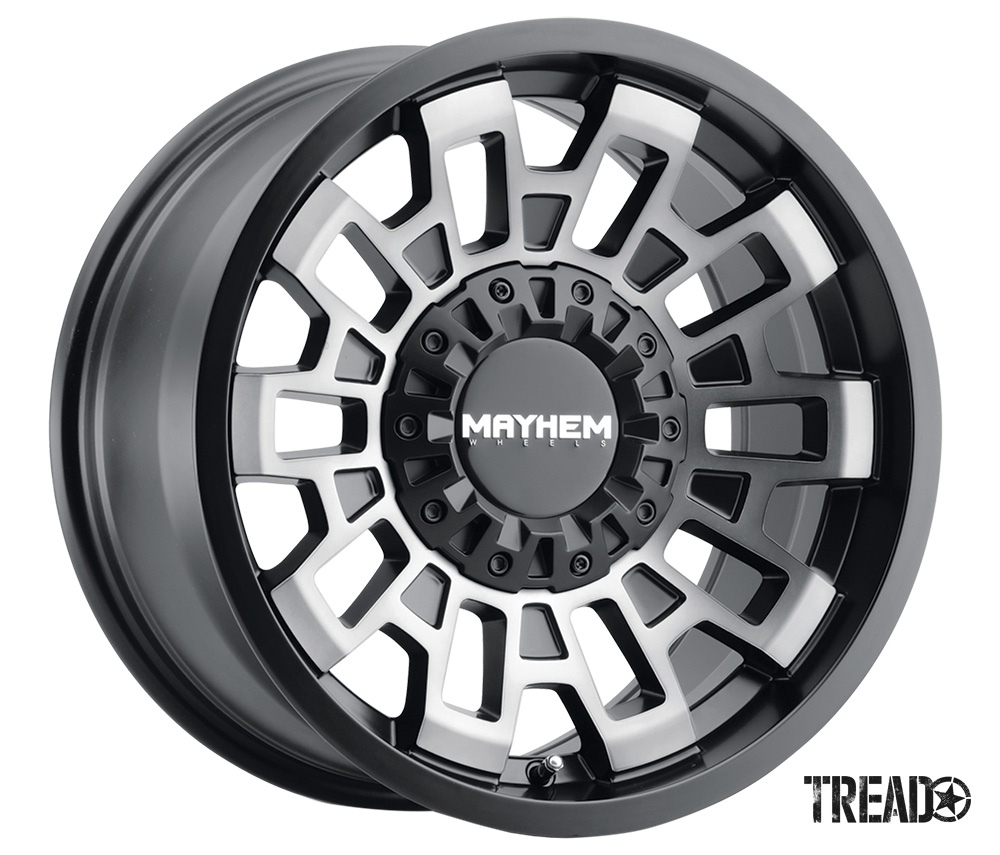 The Mayhem Cortex features performance-enhancing weight savings and robust durability. It can take the punishment of off-roading, yet it possesses a refined look for the streets. Pictured is silver and black rectangular insets with a solid, patterned centercap.