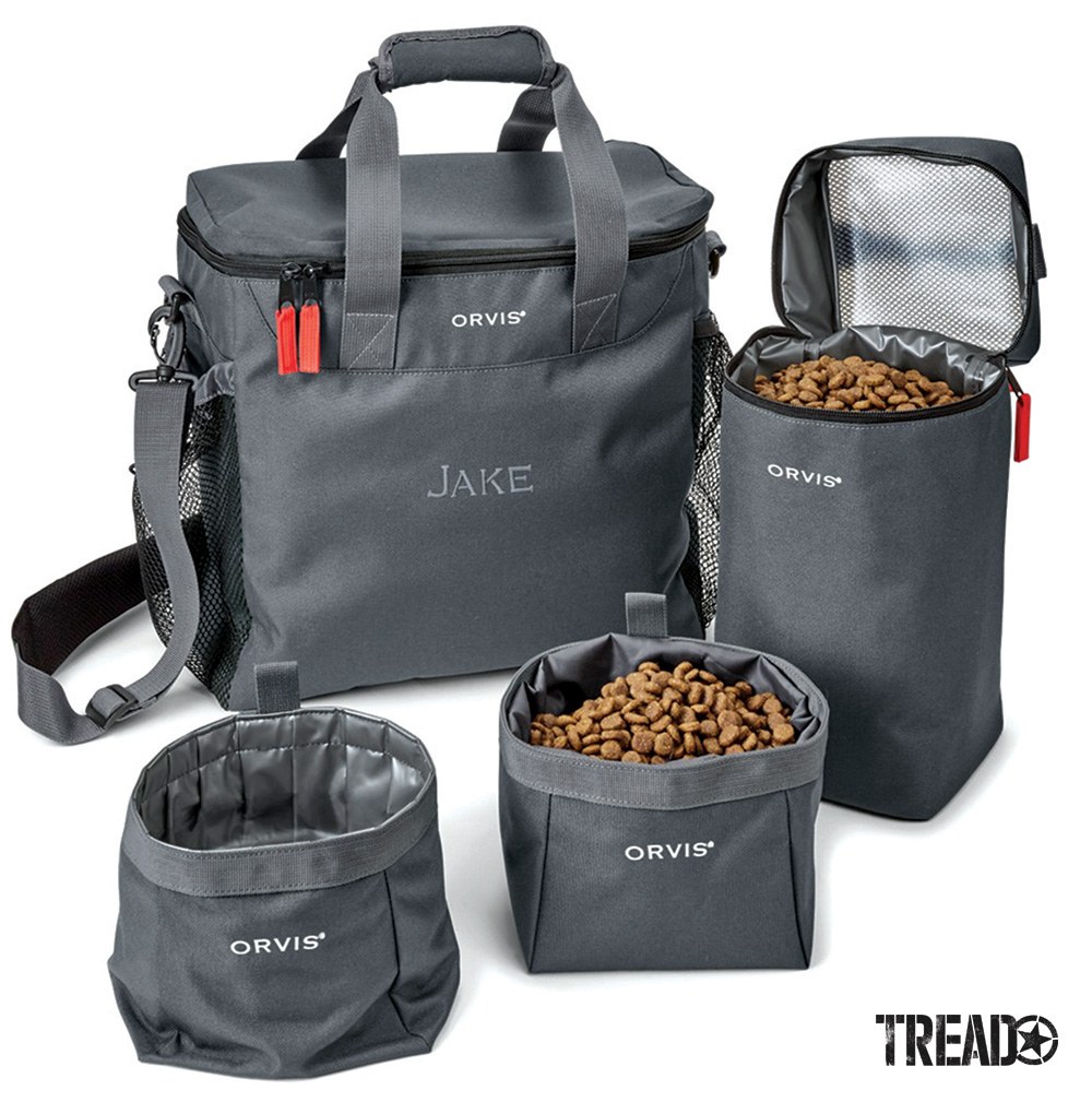 The dark gray Travel Kit contains three smartly designed, polypropylene-lined inner chambers: a large, airtight bag for storing 4 to 5 pounds of dry food and two collapsible and easy-to-clean travel bowls for food and water.