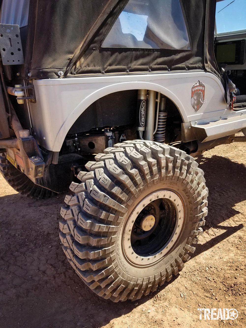 Big tires and bypass shocks help the Jeep get through all different rocky terrain.