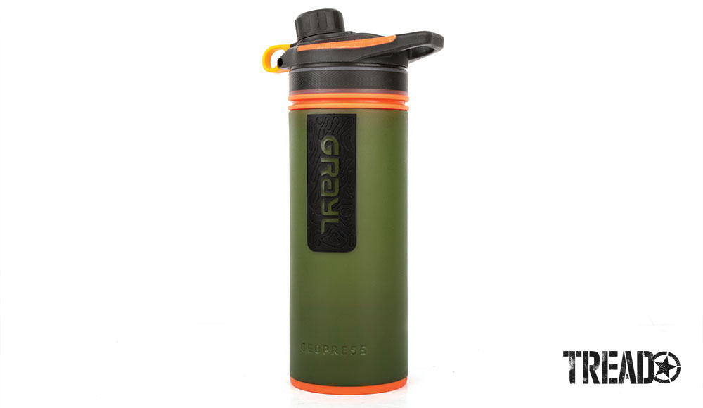 Green water bottle with black and orange top that is also a water purifier.