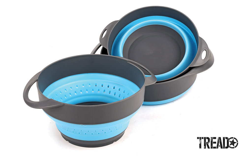 Gray and blue collapsable bowl and strainer for camping.