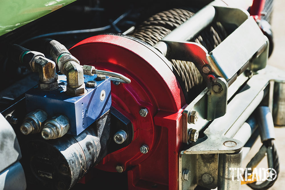 The winch on the mint green MAN expedition truck.